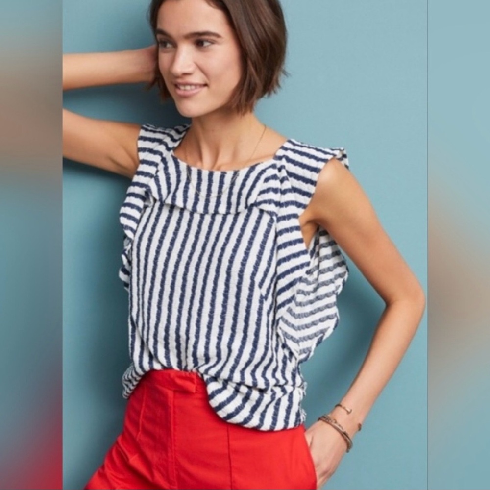 Eva Franco by Anthropology Navy and White Striped Ruffle Sleeve Tank